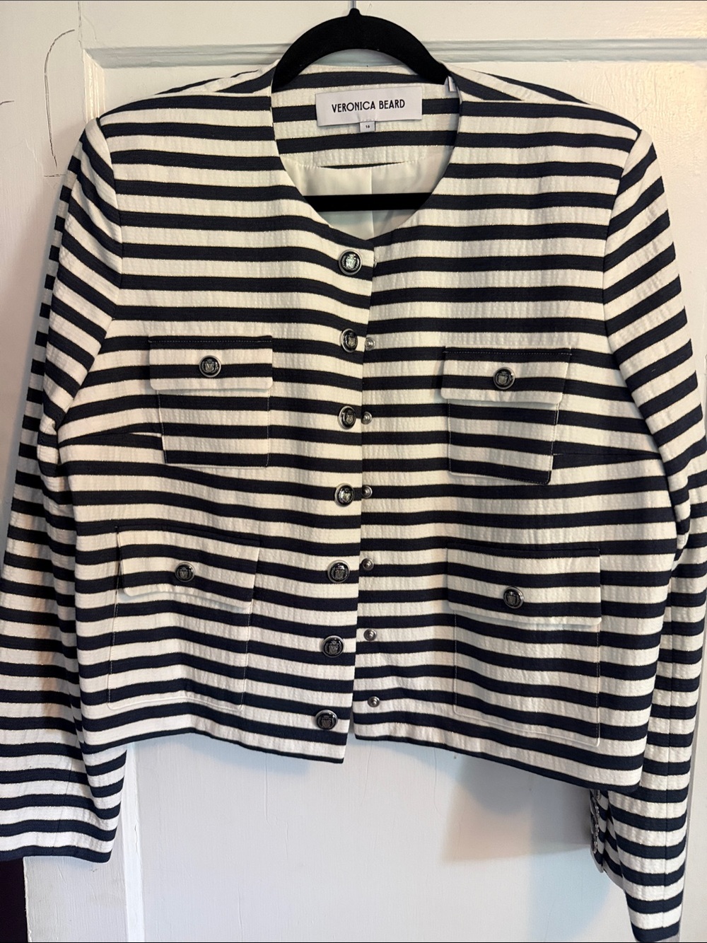 Veronica Beard Navy & White Horizontal Stripe Button-Front Jacket